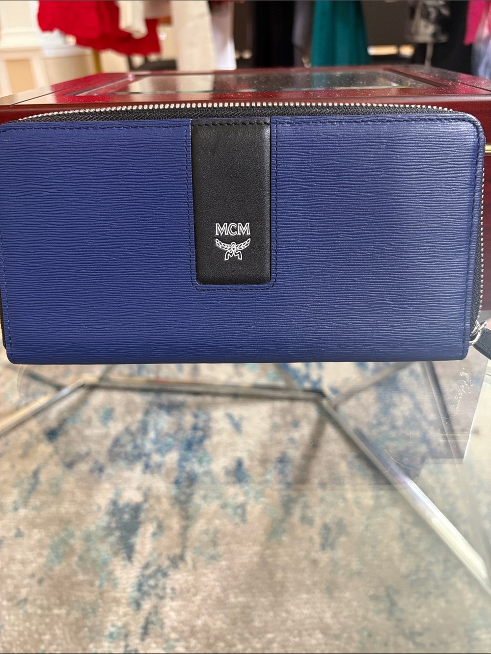 MCM Women’s Navy Zip-Around Wallet with Black Logo Panel with Dust Bag
